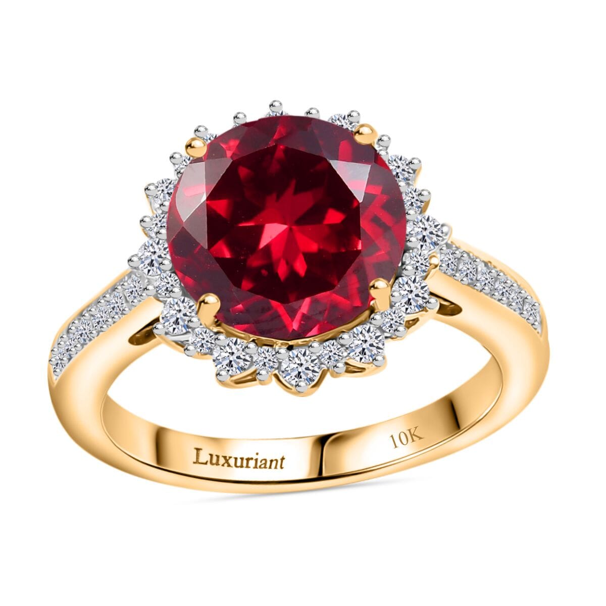 Certified and Appraised LUXURIANT 10K Yellow Gold AAA Lab Grown Padparadscha Sapphire, Lab Grown Diamond EF, VS Halo Ring 4.32 Ct. 8049964 0