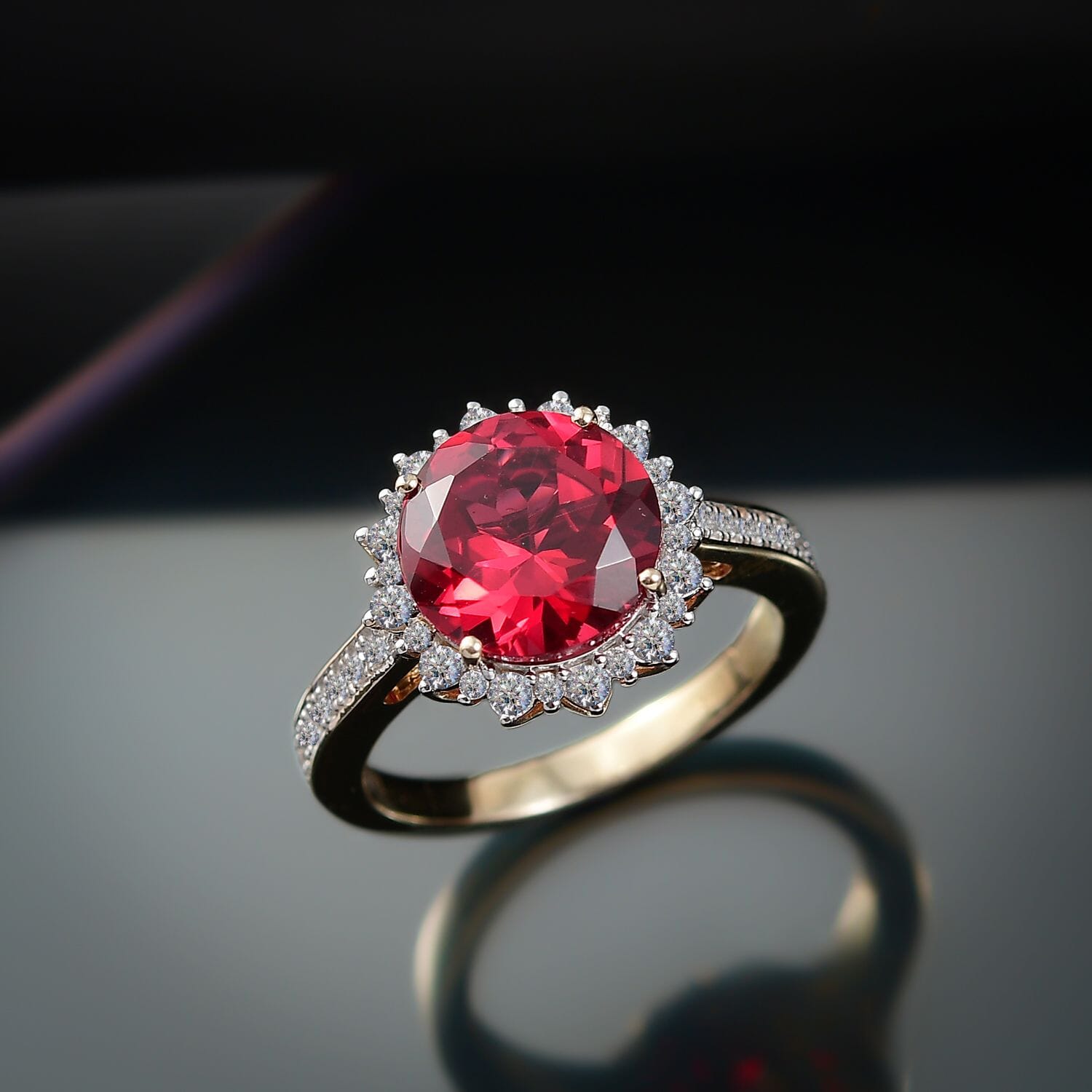 Certified and Appraised LUXURIANT 10K Yellow Gold AAA Lab Grown Padparadscha Sapphire, Lab Grown Diamond EF, VS Halo Ring 4.32 Ct. 8049964 2