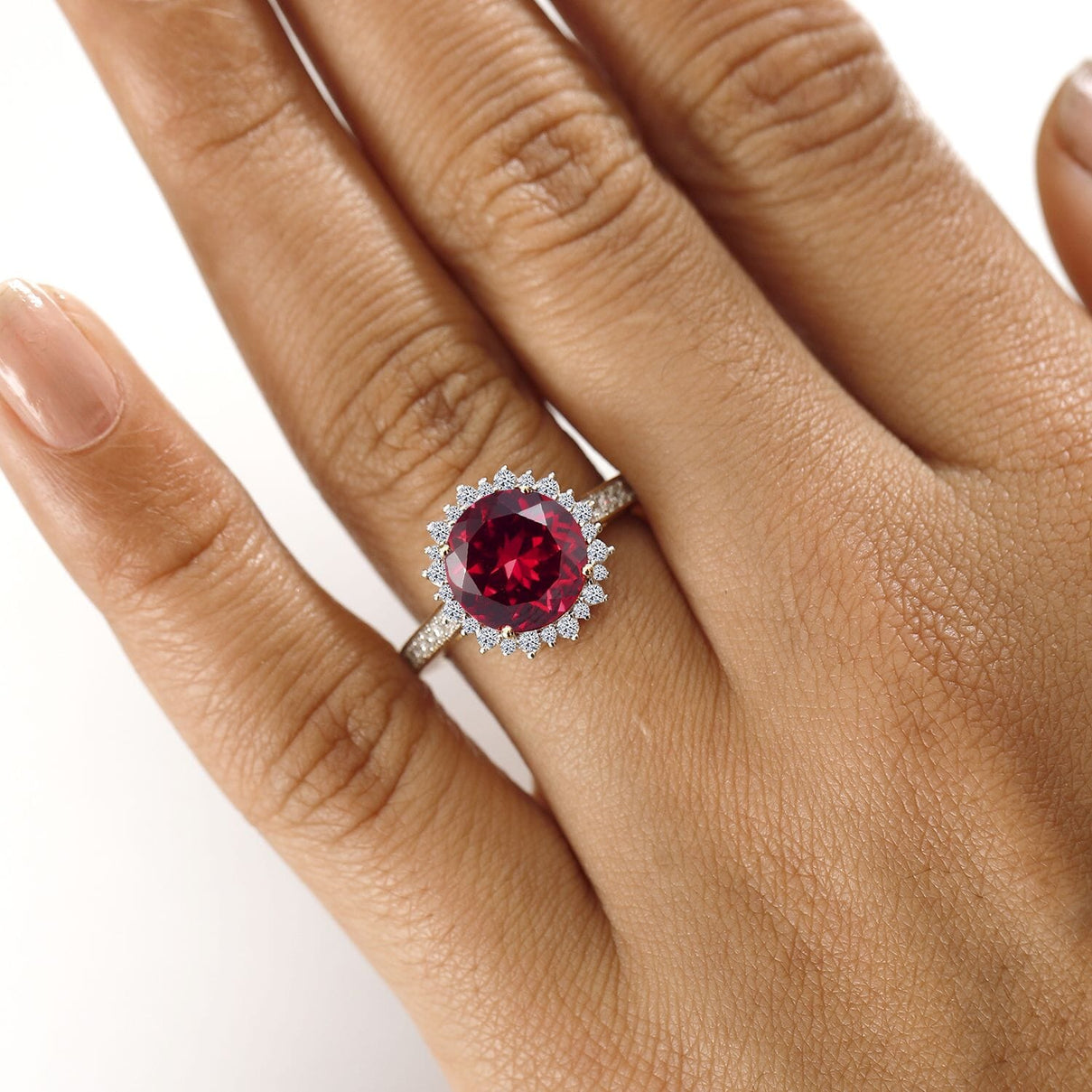 Certified and Appraised LUXURIANT 10K Yellow Gold AAA Lab Grown Padparadscha Sapphire, Lab Grown Diamond EF, VS Halo Ring 4.32 Ct. 8049964 3