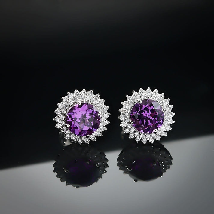 Certified &amp; Appraised LUXURIANT AAA Lab Grown Purple Sapphire, Lab Grown Diamond Halo Push Post Earring in 10K White Gold (VS/EF) 4.54 Ct. 8049989 2