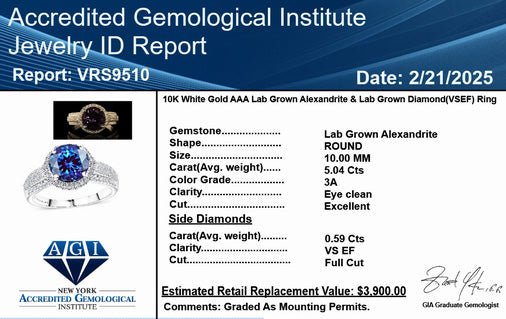 Luxuriant 9K White Gold AGI Certified AAA Lab Grown Alexandrite & VS/E-F Lab Grown Diamond Ring 5.63 Ct._8050016_9
