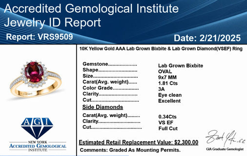 Appraised &amp; Certified LUXURIANT 10K Yellow Gold AAA Lab Grown Bixbite, Lab Grown Diamond EF, VS Ring, 2.14 Ct. 8050063 10