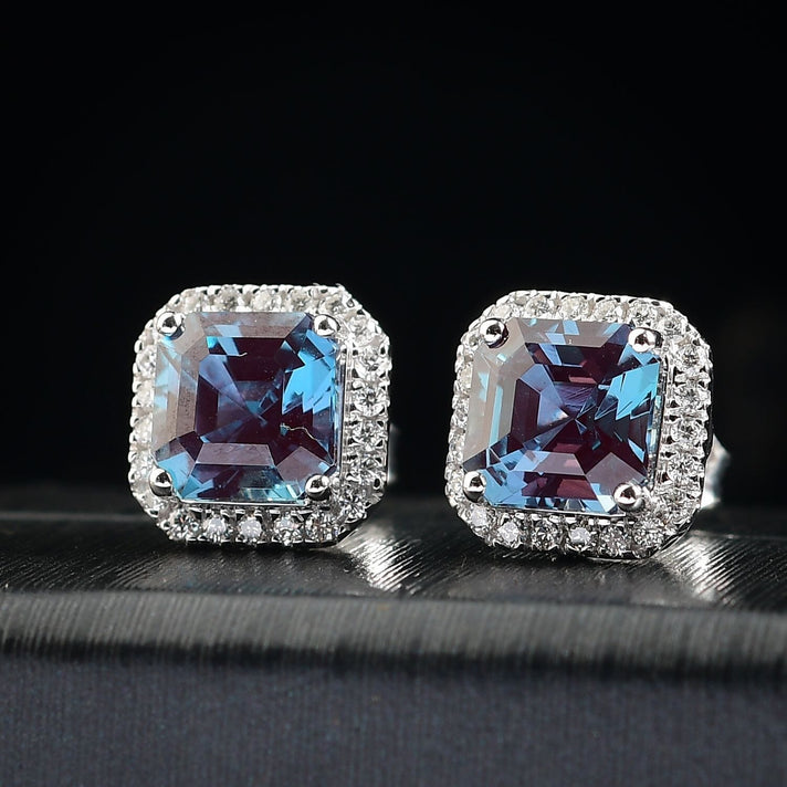 Certified &amp; Appraised LUXURIANT AAA Lab Grown Alexandrite, Lab Grown Diamond Halo Push Post Earring in 10K White Gold (EF, VS) 4.27 Ct. 8050072 2