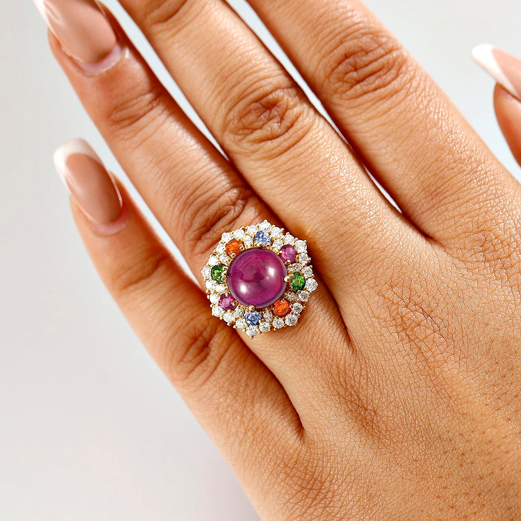 African Ruby & Multi Gemstones Halo Ring in 18K Vermeil Yellow Gold Plated Sterling Silver 10.95 Ct._8050721_2