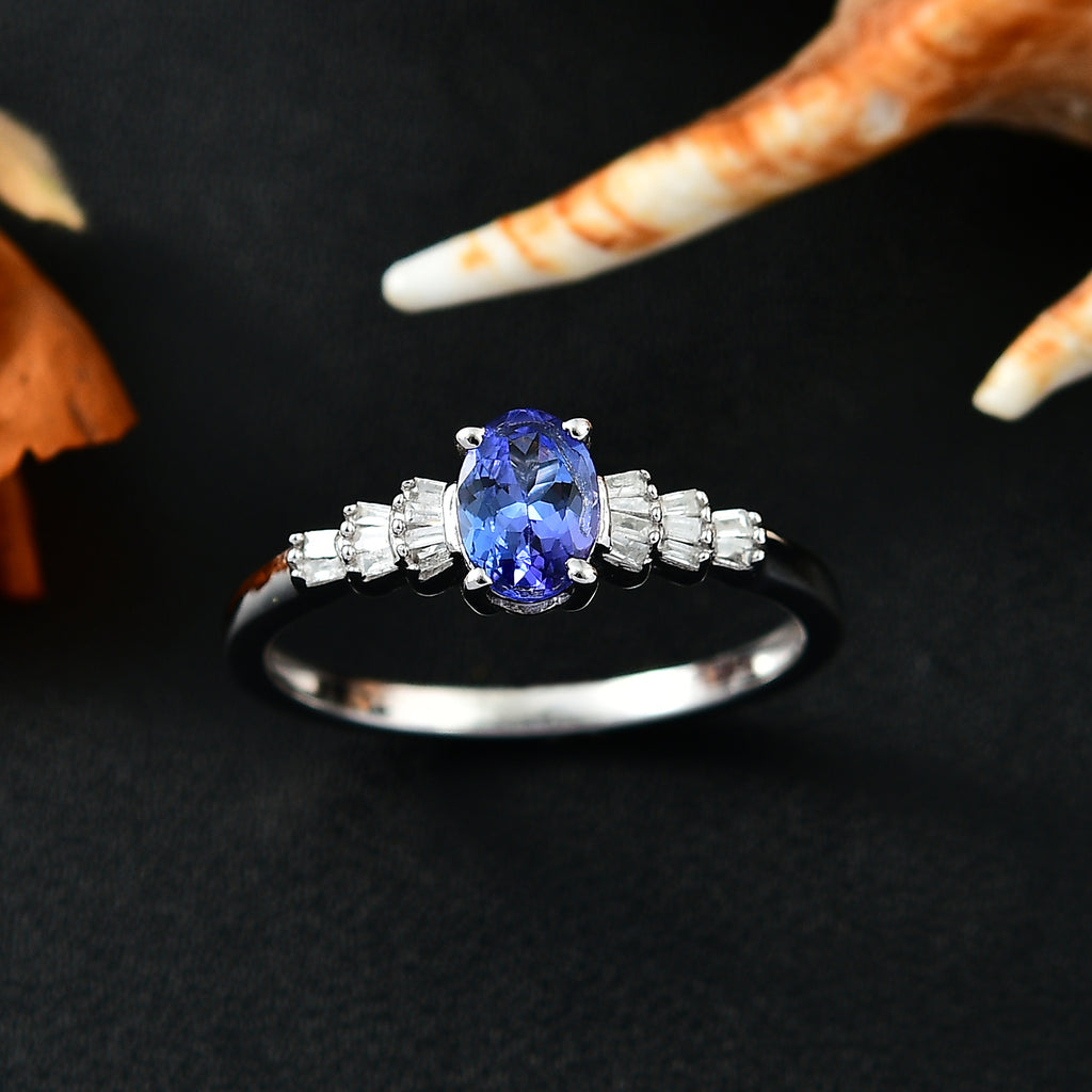Premium Tanzanite & White Diamond Solitaire Ring in Rhodium Overlay Sterling Silver_8051071_1