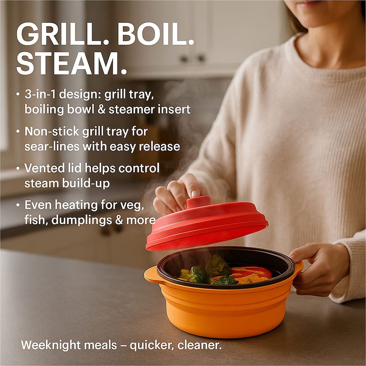 Collapsible Silicone Food Steamer with Non-Stick Grill Tray - Orange and Red 8051780 1