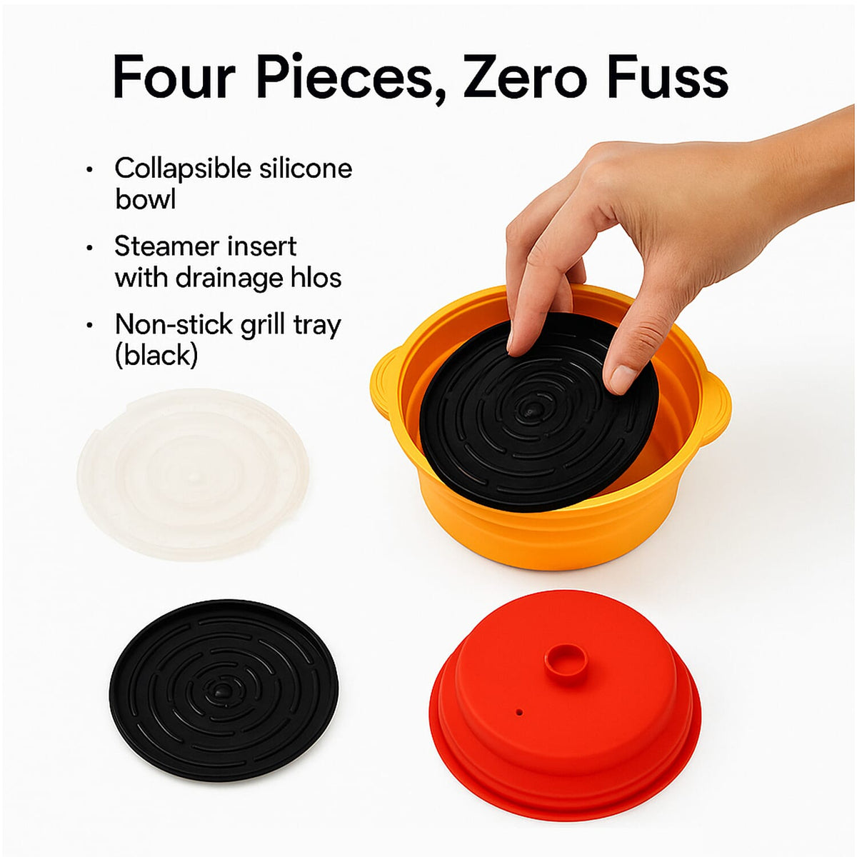 Collapsible Silicone Food Steamer with Non-Stick Grill Tray - Orange and Red 8051780 3