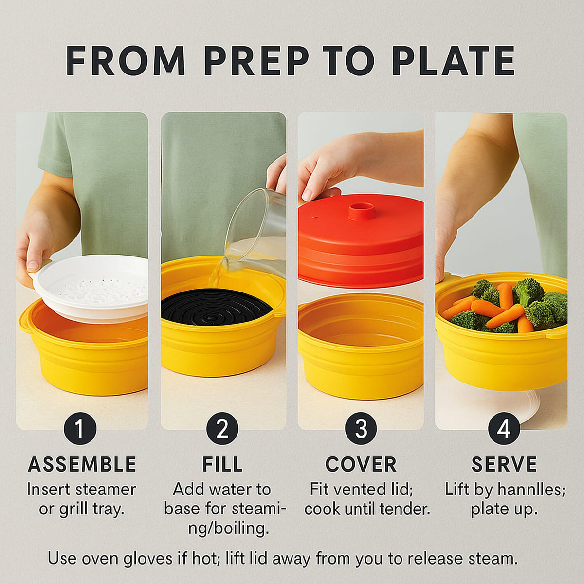 Collapsible Silicone Food Steamer with Non-Stick Grill Tray - Orange and Red 8051780 4