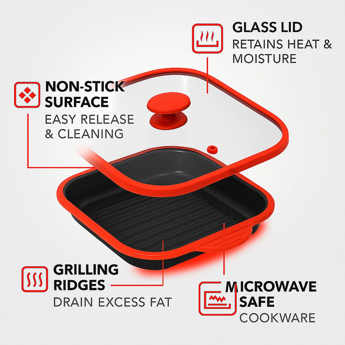 Microwave Pan - Non-Stick Silicone &amp; Glass Cookware with Grilling Ridges - Red 8051895 3