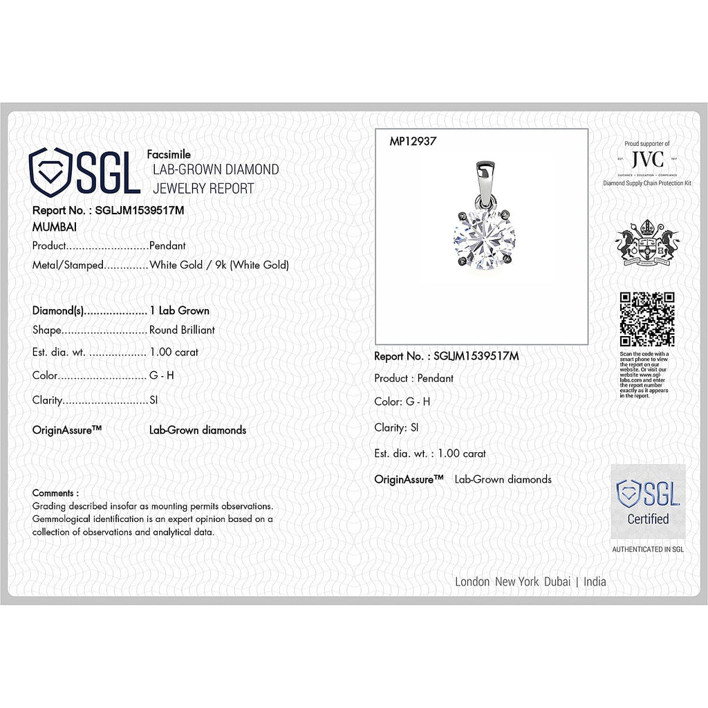 Luxuriant Diamond -9K White Gold SGL Certified SI-GH  Lab Grown Diamond Pendant 1.00 Ct.