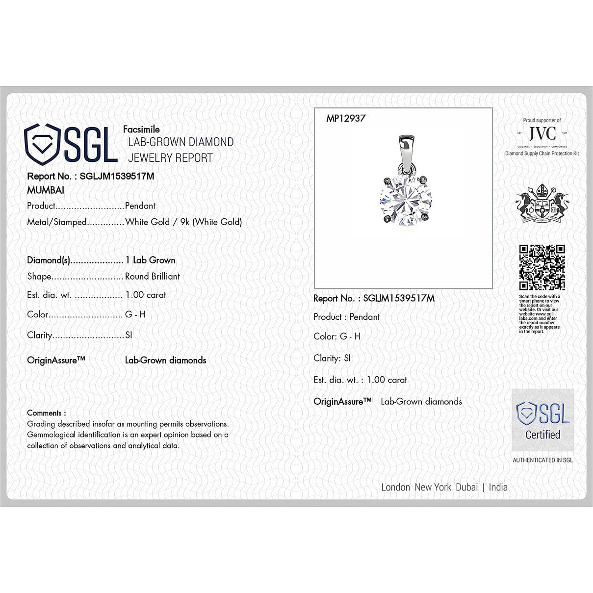 LUXURIANT 1 Ct. Lab Grown Diamond Solitaire Pendant in 9K White Gold SGL Certified 8051953 6