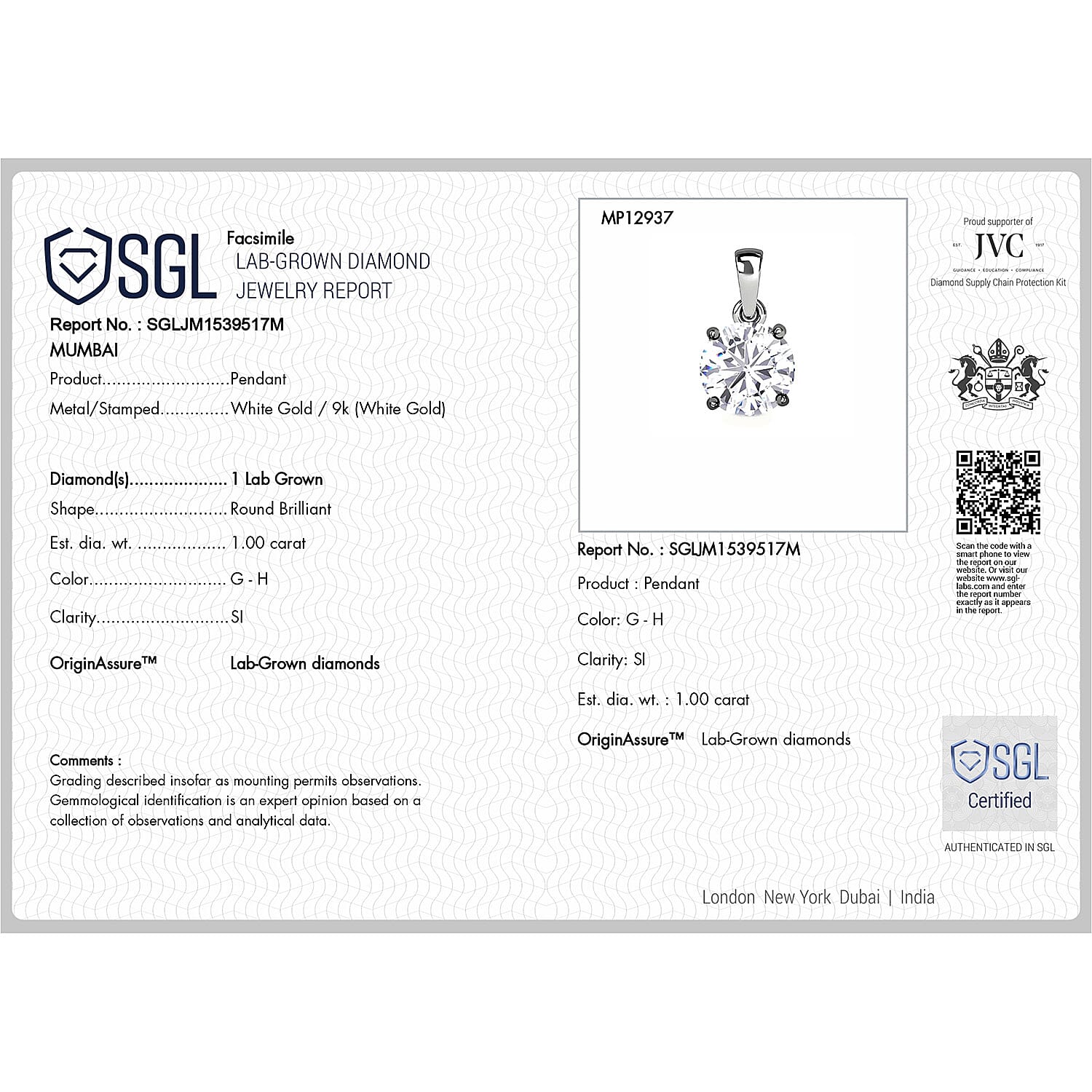 LUXURIANT 1 Ct. Lab Grown Diamond Solitaire Pendant in 9K White Gold SGL Certified 8051953 6