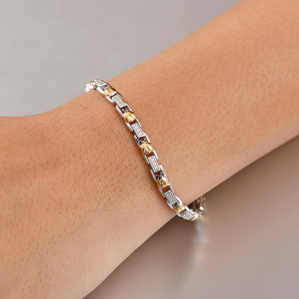 GP Ladybird Collection - White Zircon & Blue Sapphire Line Bracelet (Size - 7) in 18K Vermeil Yellow Gold Plated & Rhodium Overlay Sterling Silver_8054970_2
