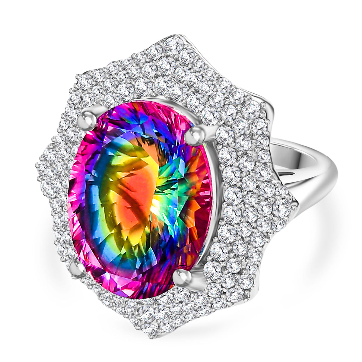 Cosmic Spark Nebula Quartz &amp; White Zircon Cluster Halo Ring in Rhodium Overlay Sterling Silver 10.50 Ct, Silver Wt. 6.17 Gms. V32523139 0