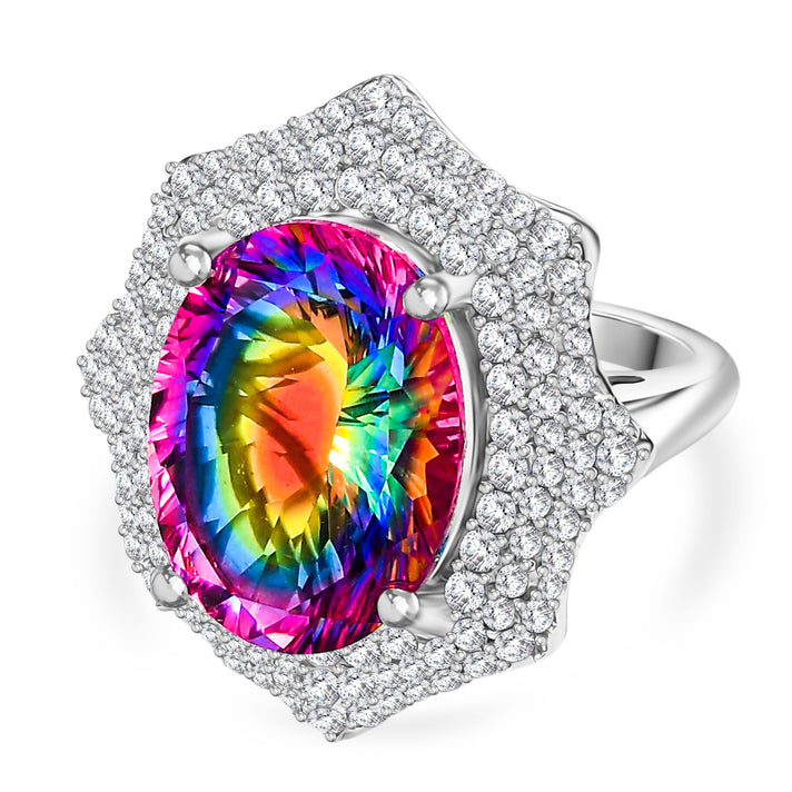 Nebula Quartz Doublet &amp; White Zircon Ring in Rhodium Overlay Sterling Silver 10.50 Ct, Silver Wt. 6.17 Gms. 8056655 1