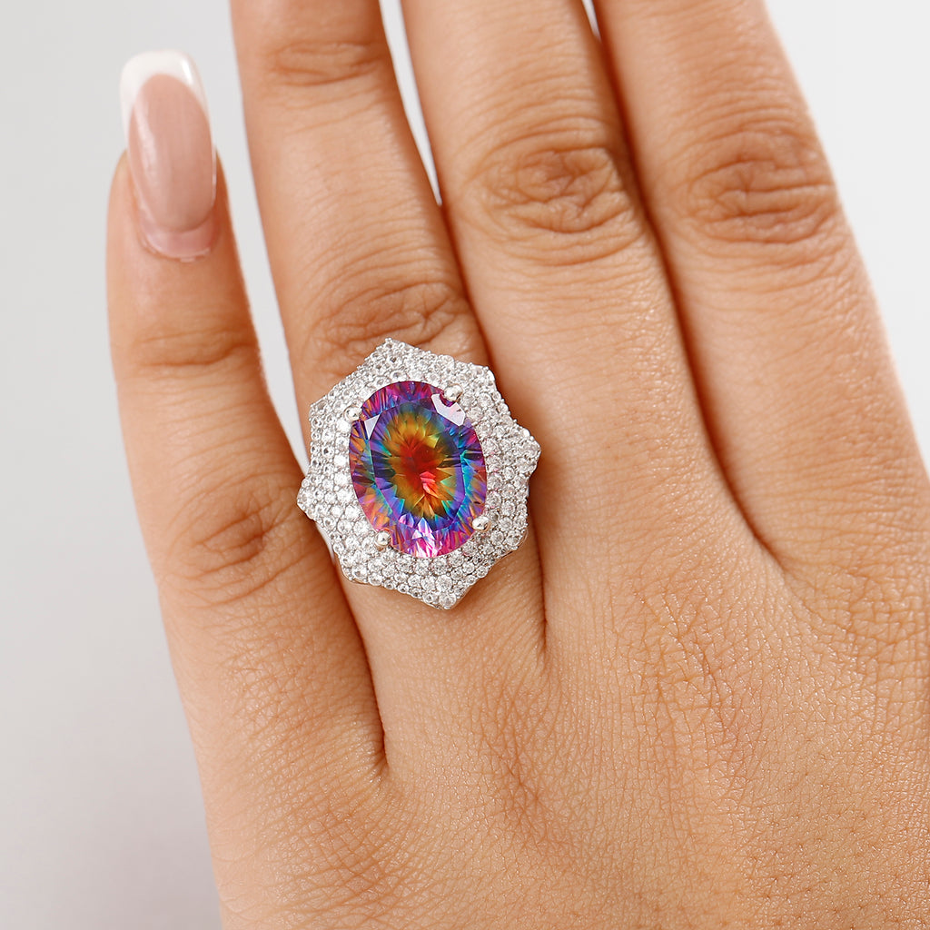 Cosmic Spark Nebula Quartz & White Zircon Cluster Halo Ring in Rhodium Overlay Sterling Silver 10.50 Ct, Silver Wt. 6.17 Gms._8056655_2