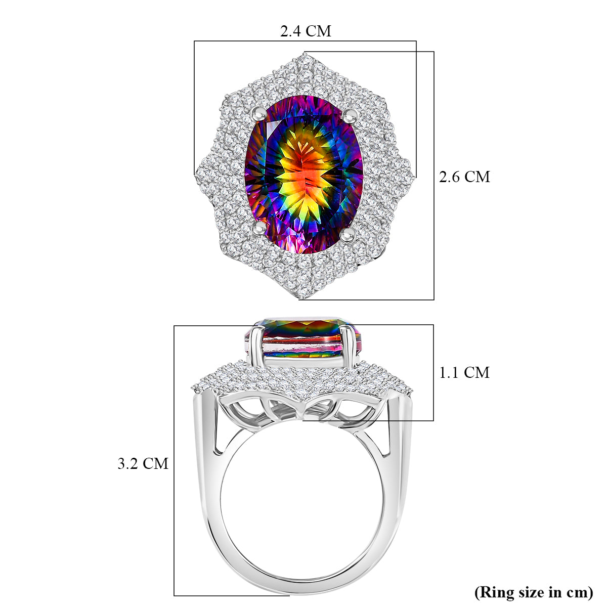 Cosmic Spark Nebula Quartz &amp; White Zircon Cluster Halo Ring in Rhodium Overlay Sterling Silver 10.50 Ct, Silver Wt. 6.17 Gms. V32523139 6