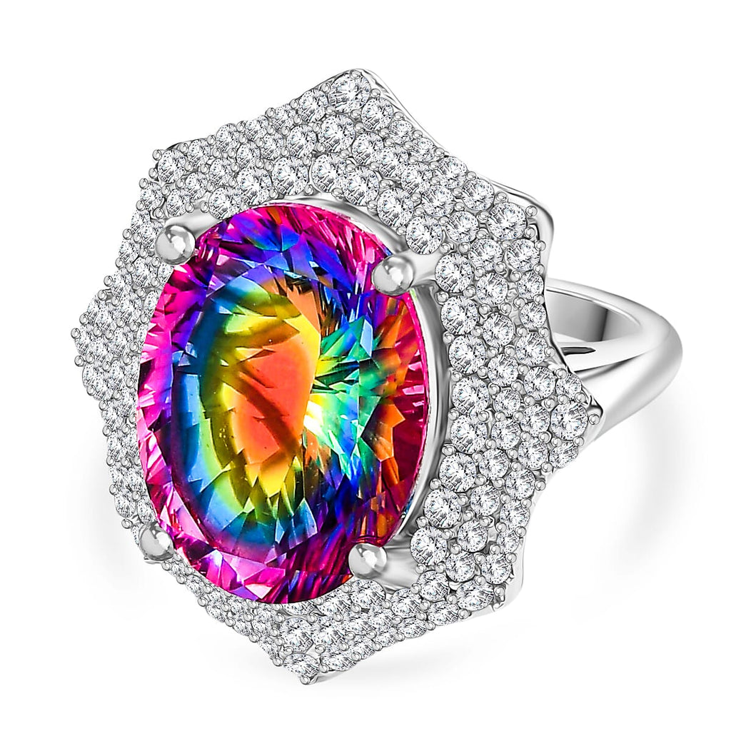 Cosmic Spark Nebula Quartz & White Zircon Cluster Halo Ring in Rhodium Overlay Sterling Silver 10.50 Ct, Silver Wt. 6.17 Gms._8056657