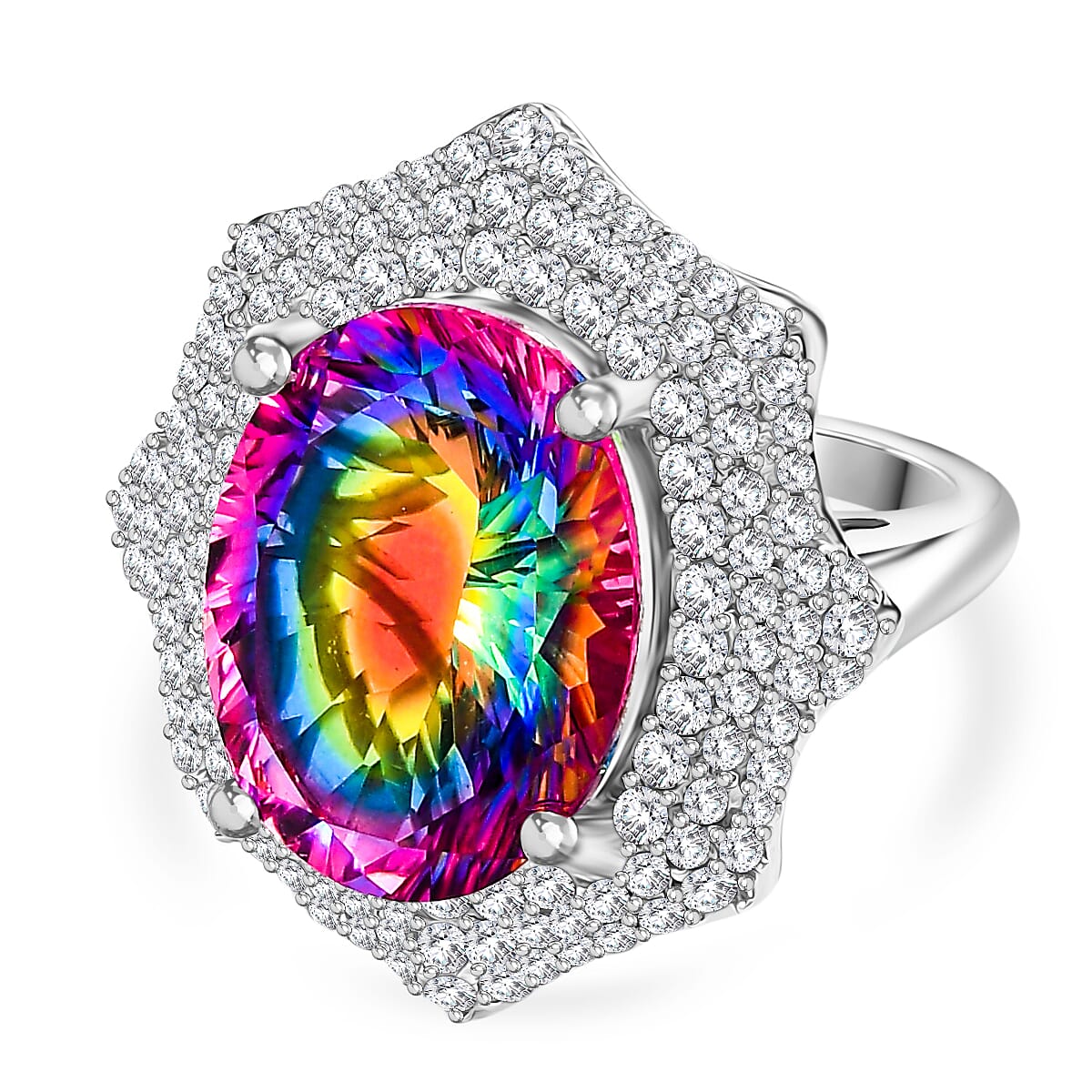 Cosmic Spark Nebula Quartz &amp; White Zircon Cluster Halo Ring in Rhodium Overlay Sterling Silver 10.50 Ct, Silver Wt. 6.17 Gms. V32608018 0