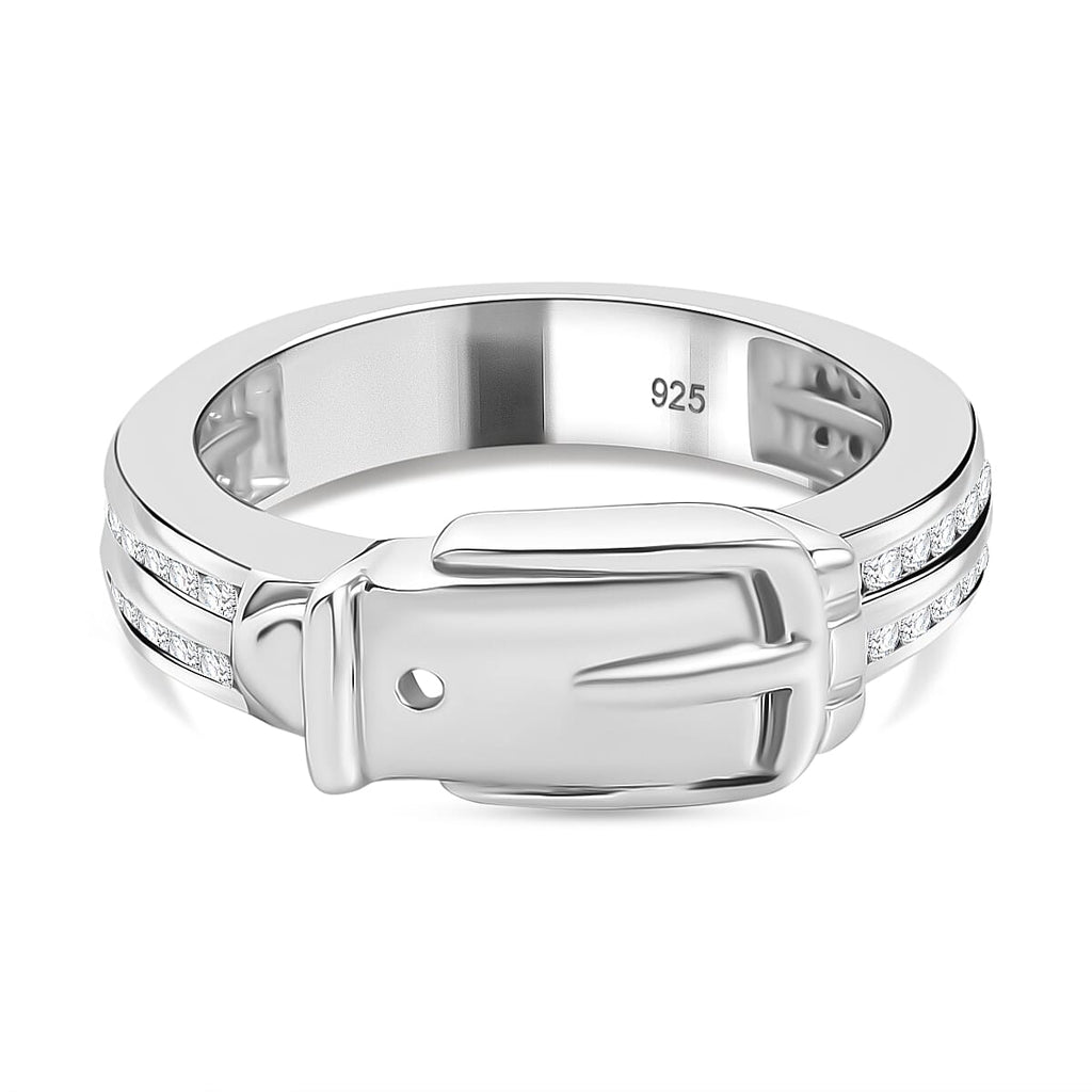 Moissanite Buckle Ring in Rhodium Overlay Sterling Silver_8058215