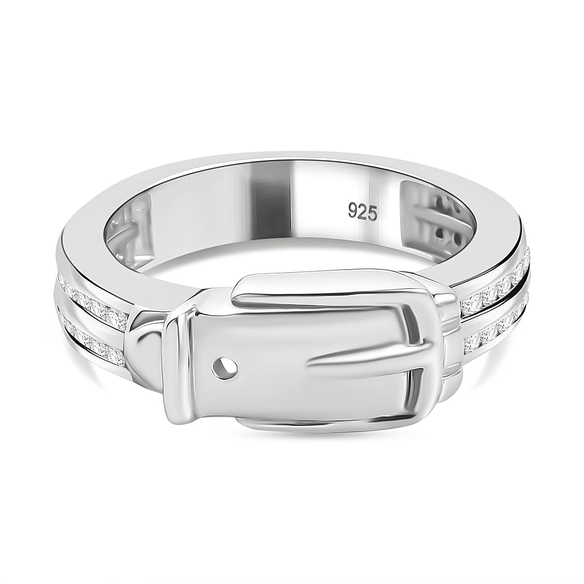 Moissanite Buckle Ring in Rhodium Overlay Sterling Silver 8058215 0