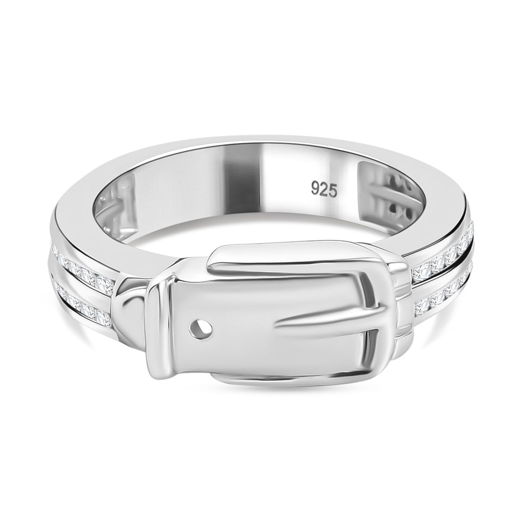 Moissanite Buckle Ring in Rhodium Overlay Sterling Silver_8058216