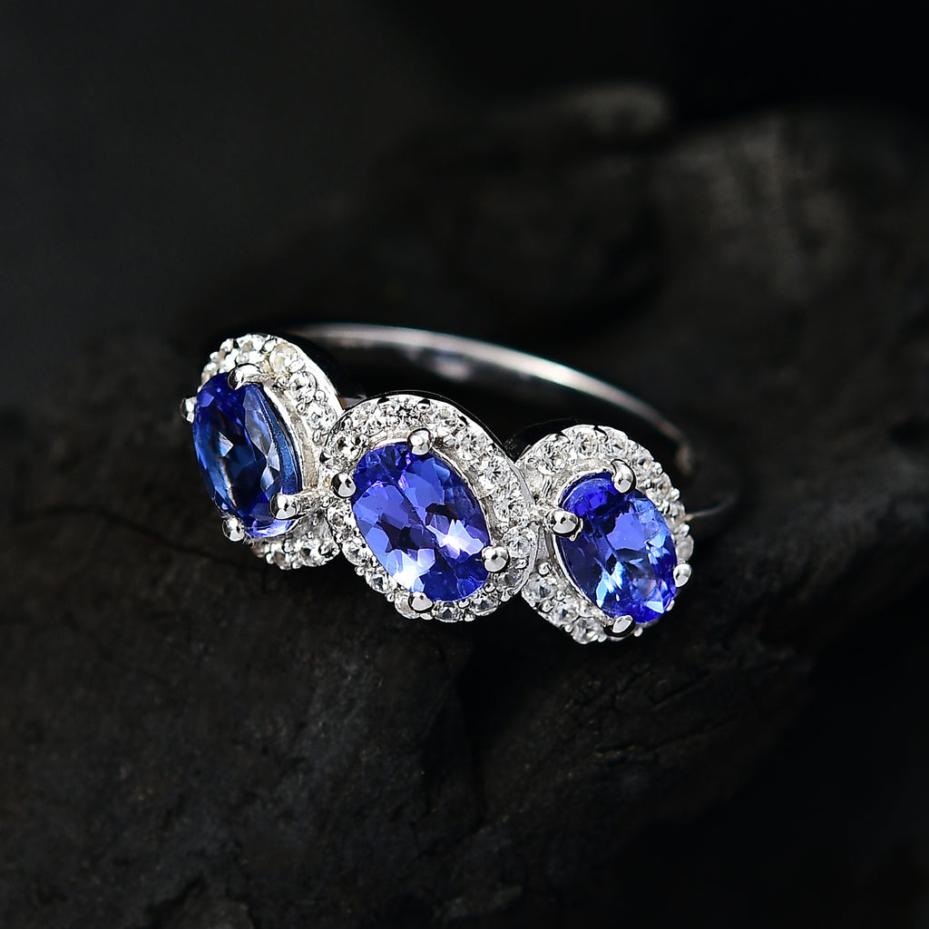 Premium Tanzanite & White Zircon Trilogy Halo Ring in Rhodium Overlay Sterling Silver 2.00 Ct._8058885_1