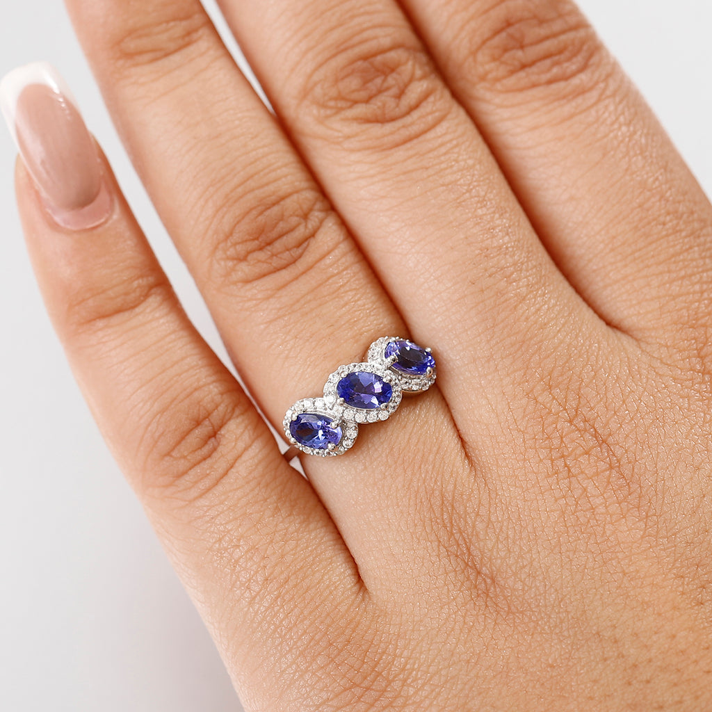 Premium Tanzanite & White Zircon Trilogy Halo Ring in Rhodium Overlay Sterling Silver 2.00 Ct._8058885_2