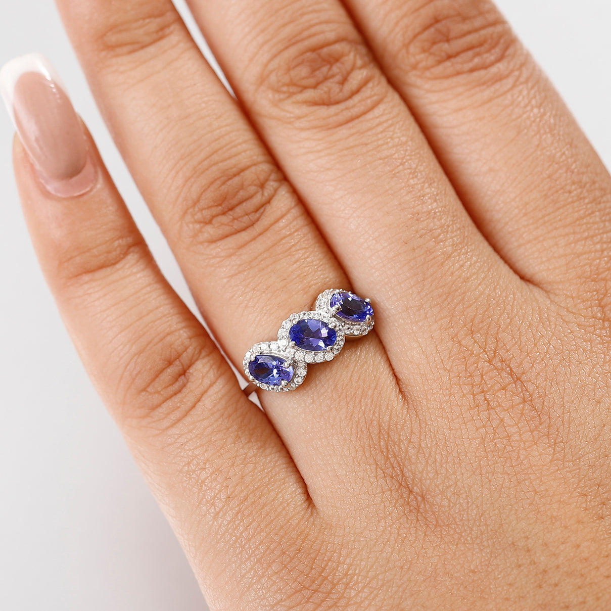 Tanzanite, White Zircon 3-Stone Ring in Rhodium Overlay Sterling Silver V32516477 3