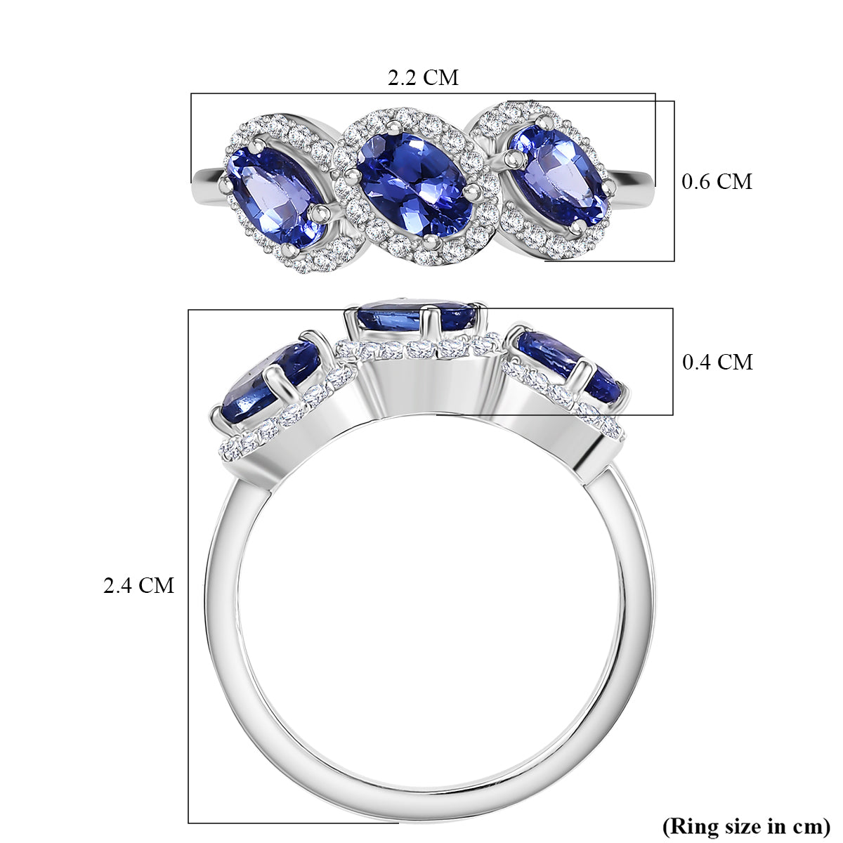 Tanzanite, White Zircon 3-Stone Ring in Rhodium Overlay Sterling Silver V32516477 6