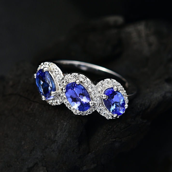 Tanzanite, White Zircon 3-Stone Ring in Rhodium Overlay Sterling Silver 8058886 2