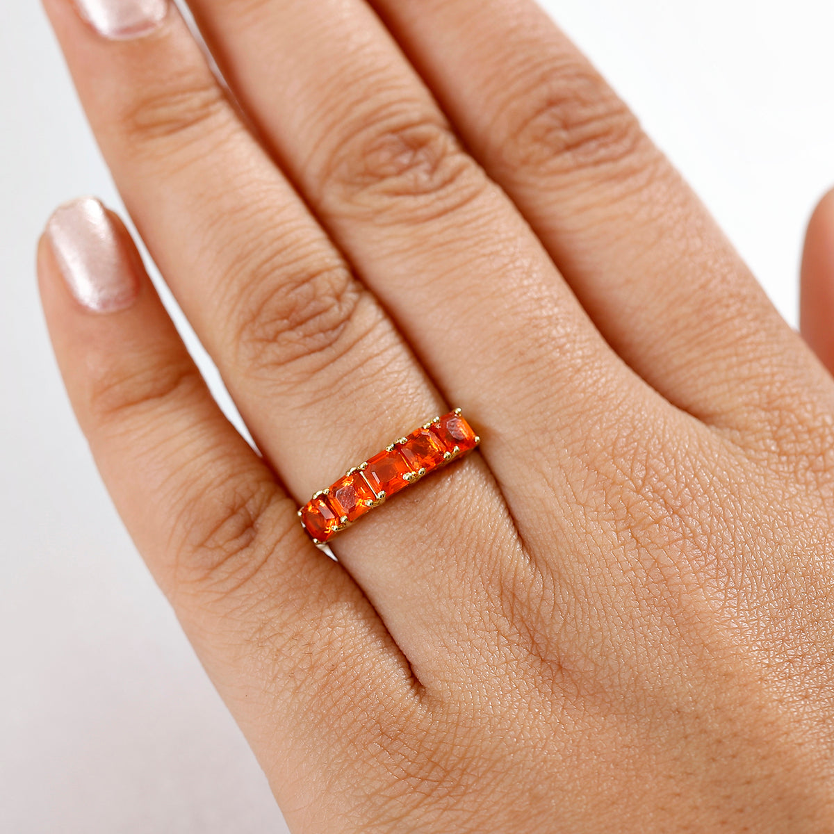Natural Crimson Fire Opal Classic Grace 5 Stone Openable Band Ring in 18K Vermeil Yellow Gold Over Sterling Silver 1.13 Ct. V32610171 12