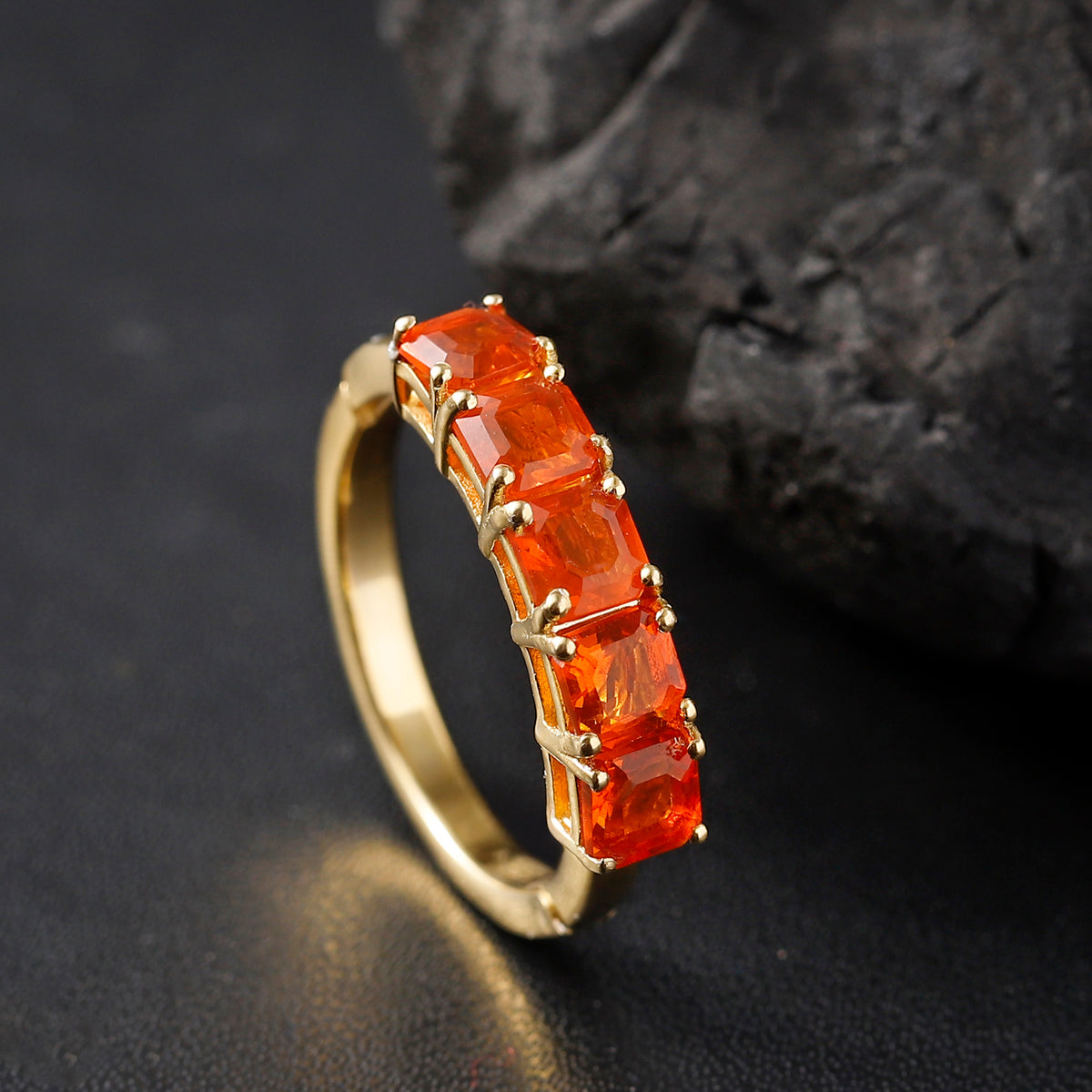 Natural Crimson Fire Opal Classic Grace 5 Stone Openable Band Ring in 18K Vermeil Yellow Gold Over Sterling Silver 1.13 Ct. V32701562 11