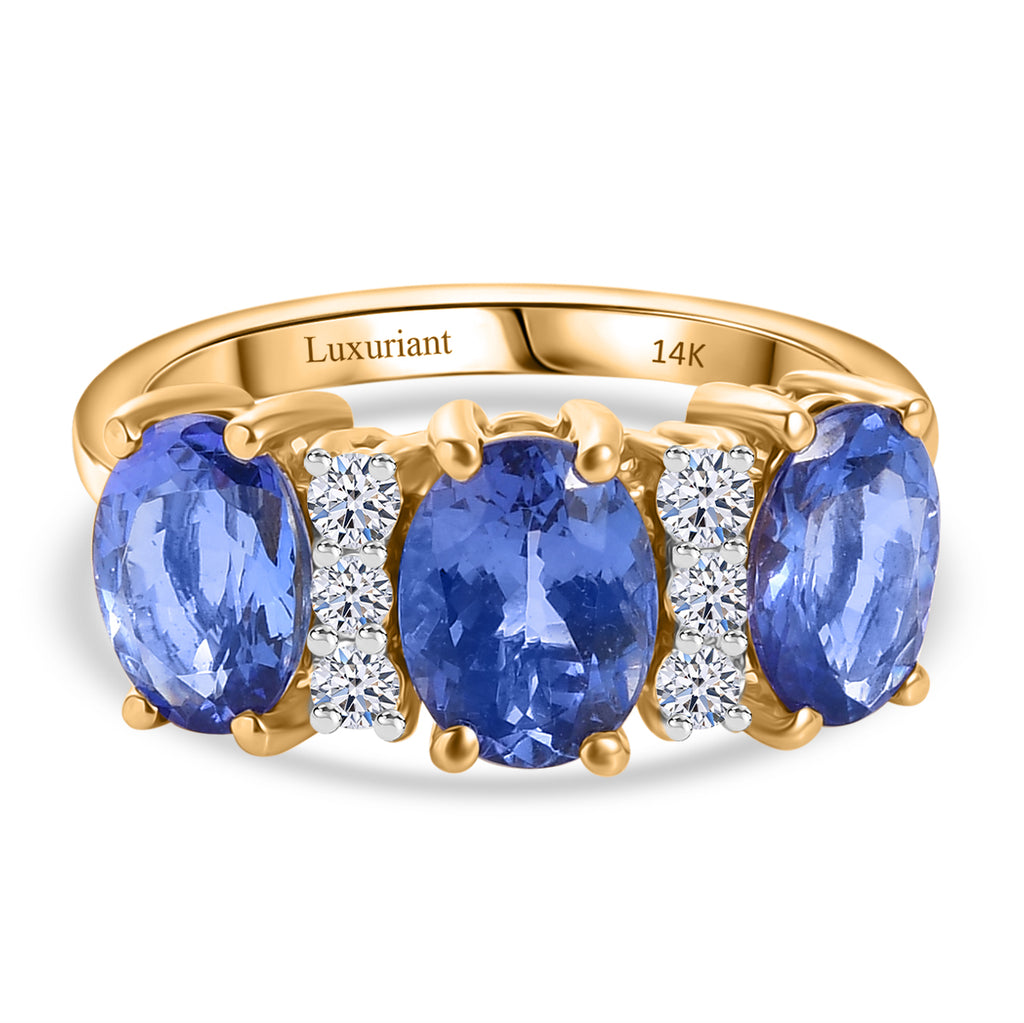 Luxuriant 14K Yellow Gold AAA Tanzanite & Lab Grown Diamond (SI/GH) Trilogy Ring 3.97 Ct._8060329