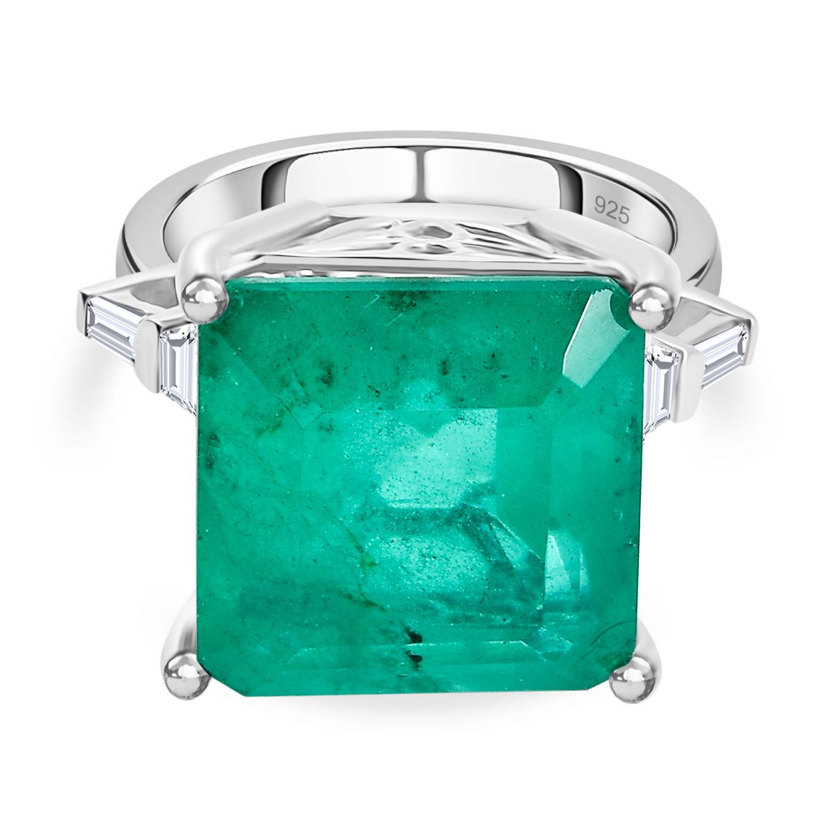 Emeraldine Triplet Quartz &amp; White Zircon Ring in Rhodium Overlay Sterling Silver 18.20 Ct. V32520778 0
