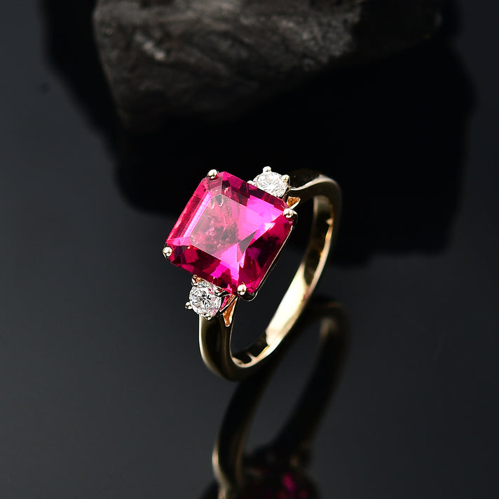 Appraised &amp; Certified LUXURIANT 3 Ct. AAA Lab Grown Bixbite, Lab Grown Diamond Ring in 9K Yellow Gold AGI Certified (VS-EF) 8063207 2