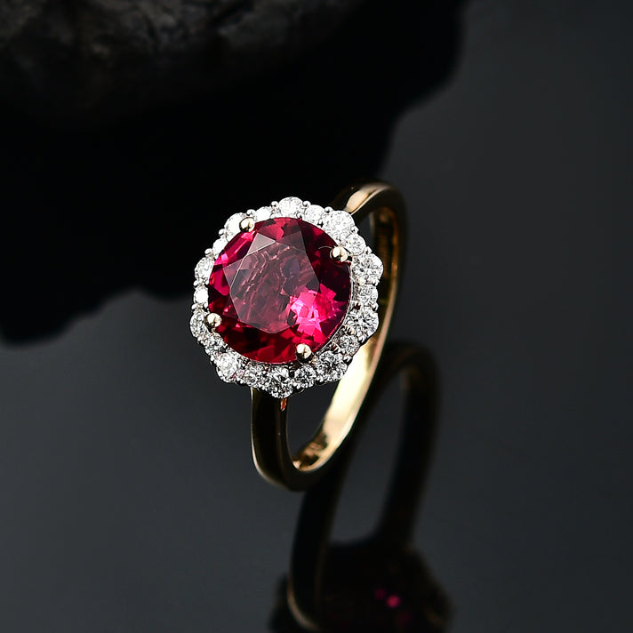 LUXURIANT 3 Ct. AAA Lab Grown Bixbite, Lab Grown Diamond Halo Ring in 10K Yellow Gold (VS-EF) 8063229 2