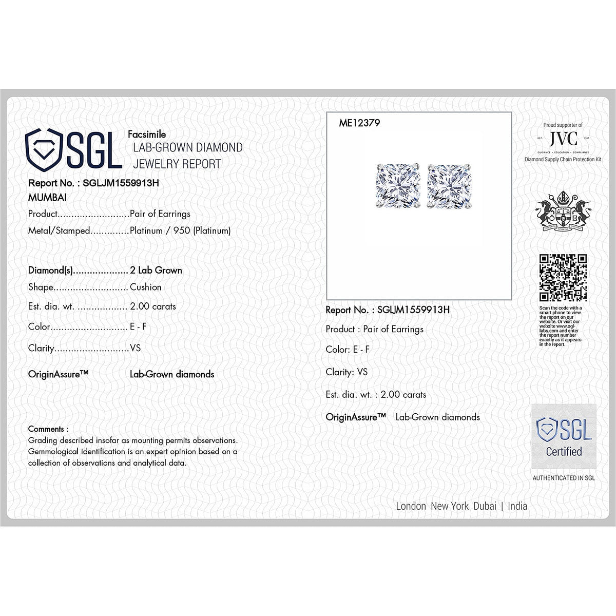 LUXURIANT 2 Ct. Lab Grown Diamond Solitaire Earrings in 950 Platinum SGL Certified 8064071 6