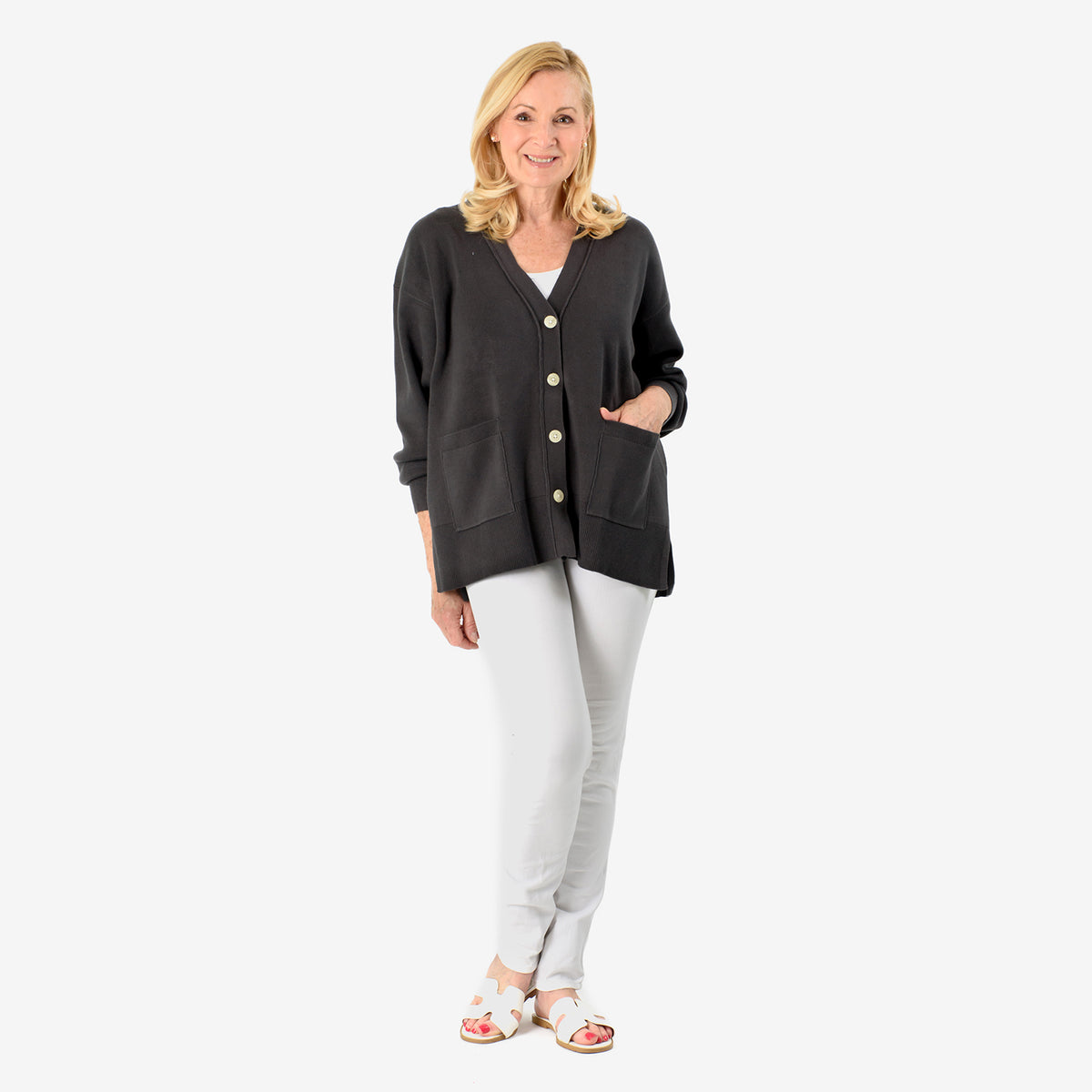 100% Cotton Knitted Solid Cardigan  (Size - L-XL) - Charcoal V32517695 4