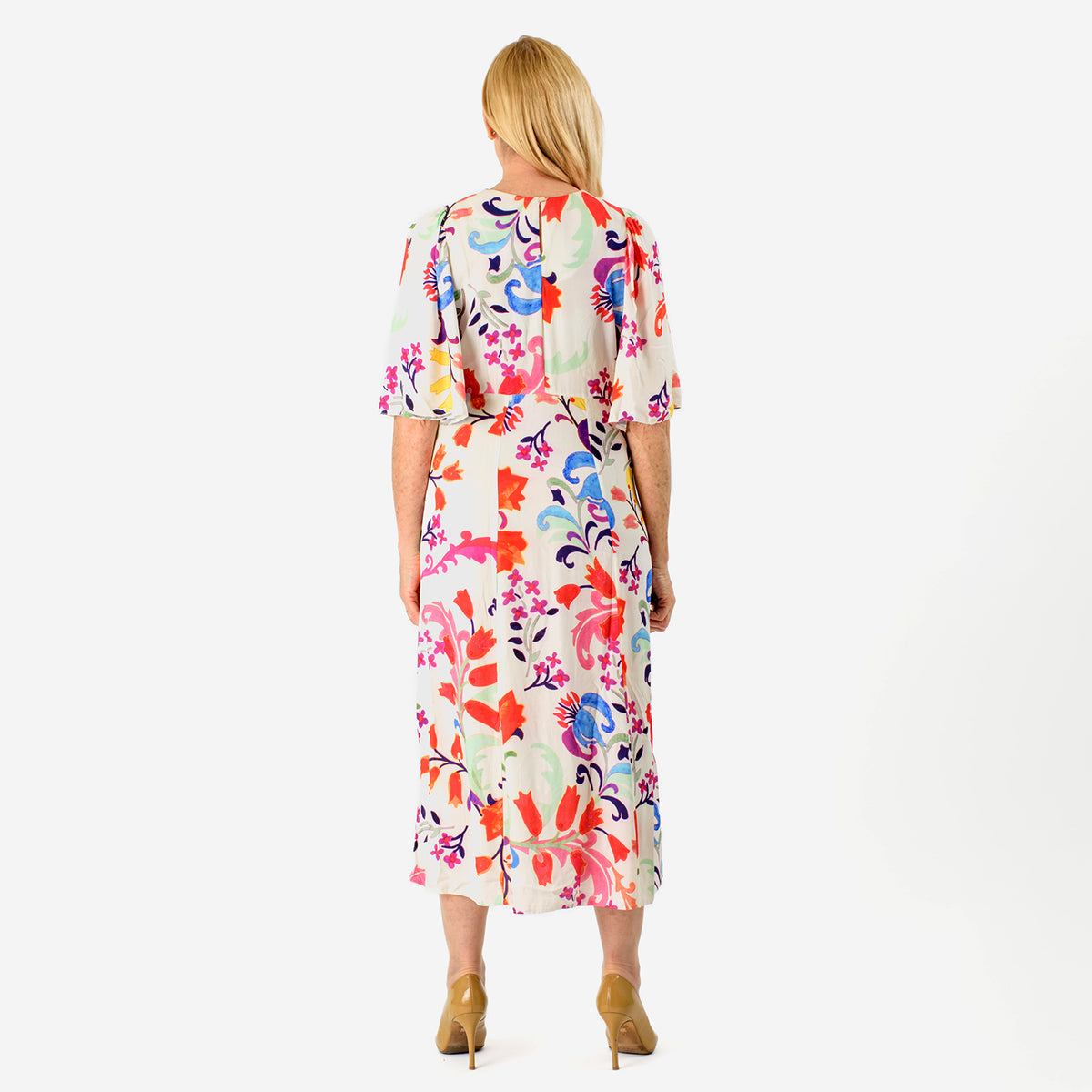 Close Out - Maria Kaneva - Boat Neck Abstract Floral Print Midi Dress (Size 10) - MultiColor V32549799 2