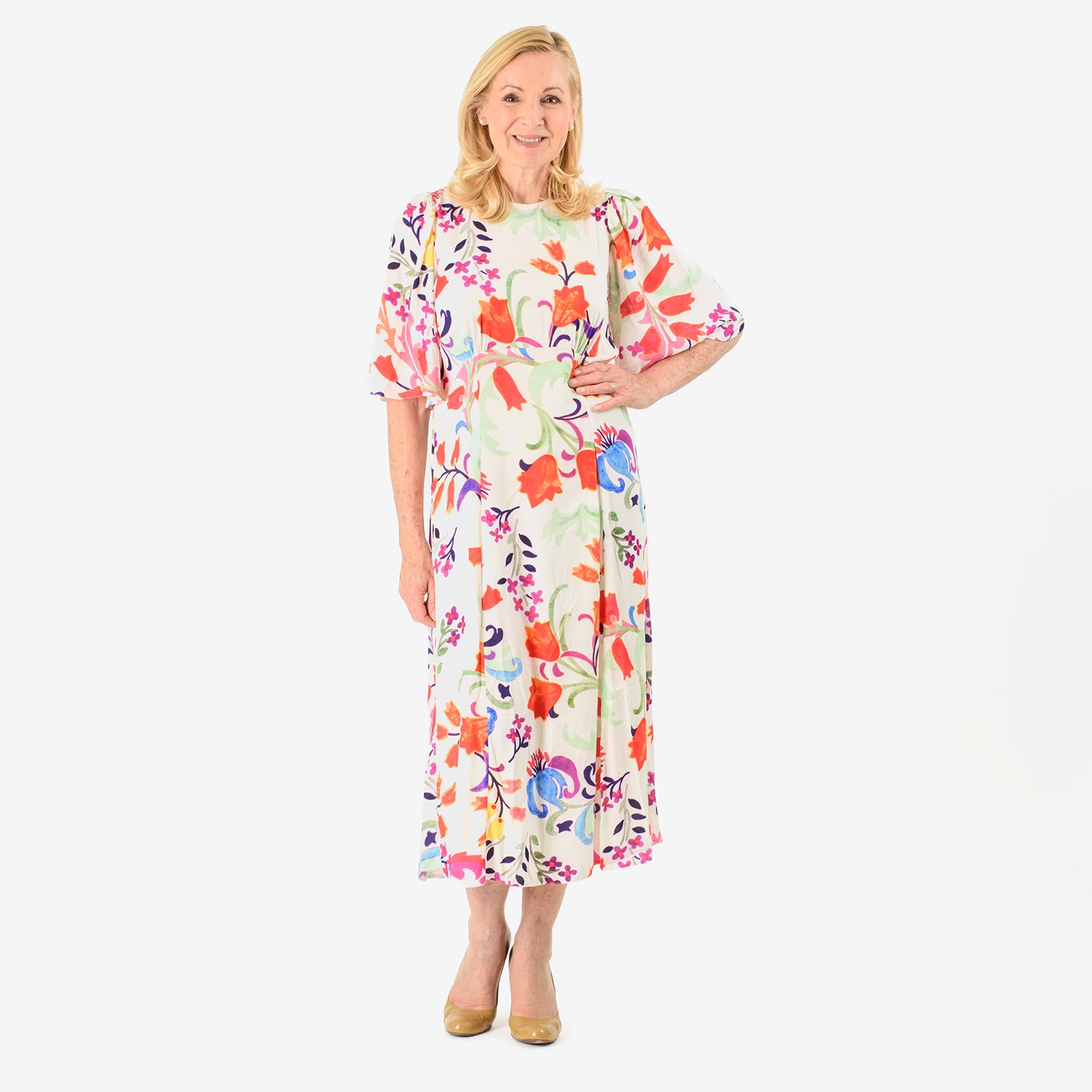 Close Out - Maria Kaneva - Boat Neck Abstract Floral Print Midi Dress (Size 14) - MultiColor V32519467 0