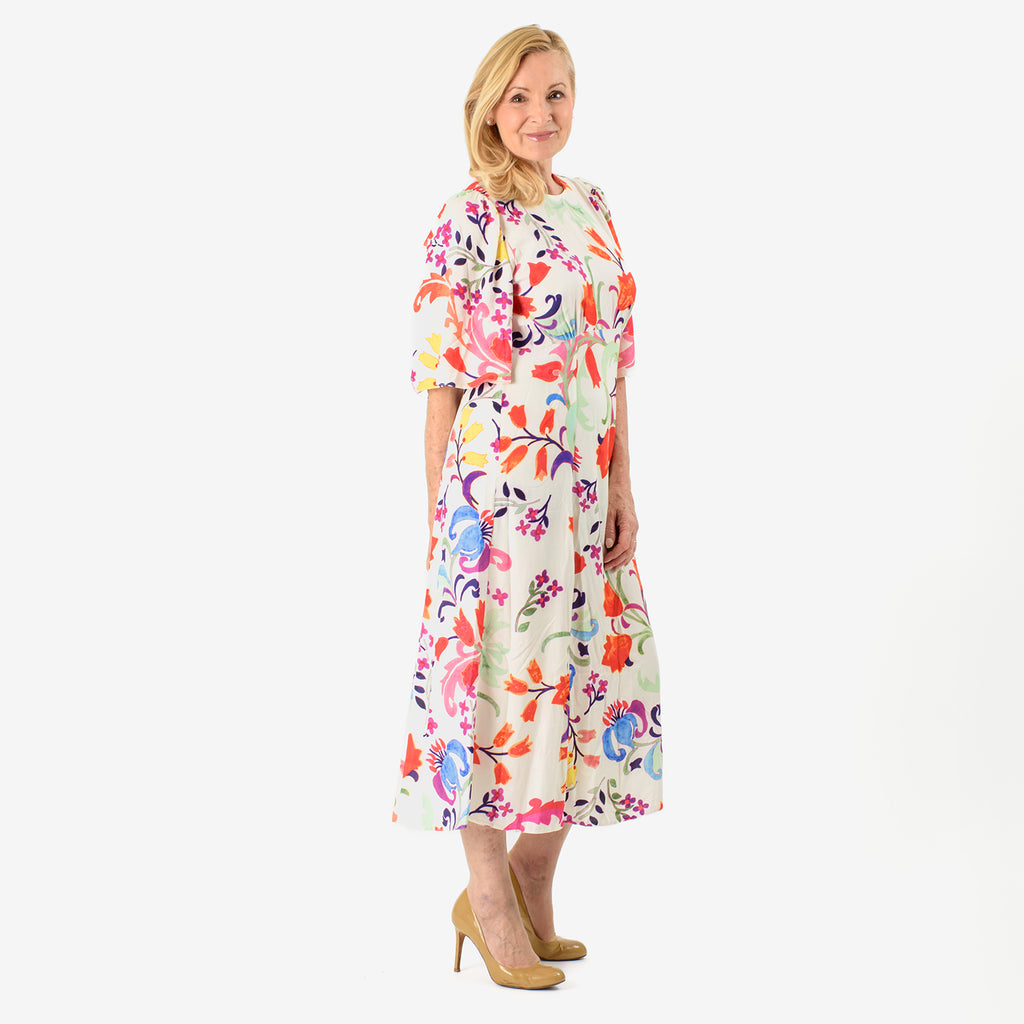 Close Out - Maria Kaneva - Boat Neck Abstract Floral Print Midi Dress (Size 14) - MultiColor_8064756_1