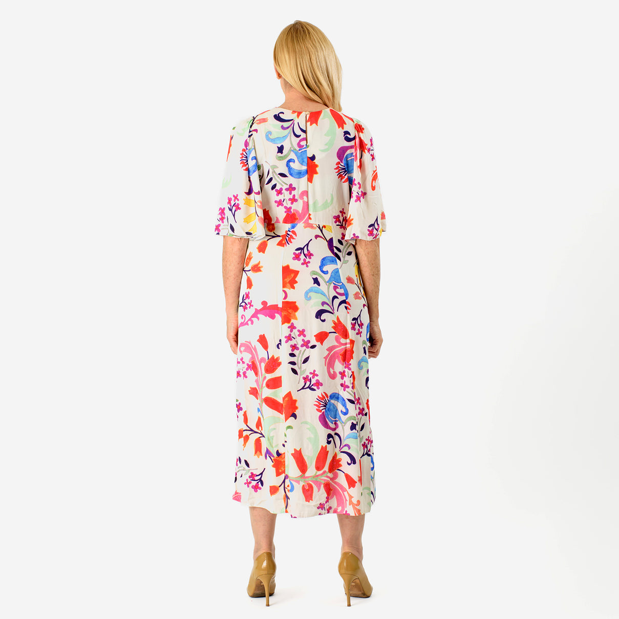 Close Out - Maria Kaneva - Boat Neck Abstract Floral Print Midi Dress (Size 14) - MultiColor V32519467 2