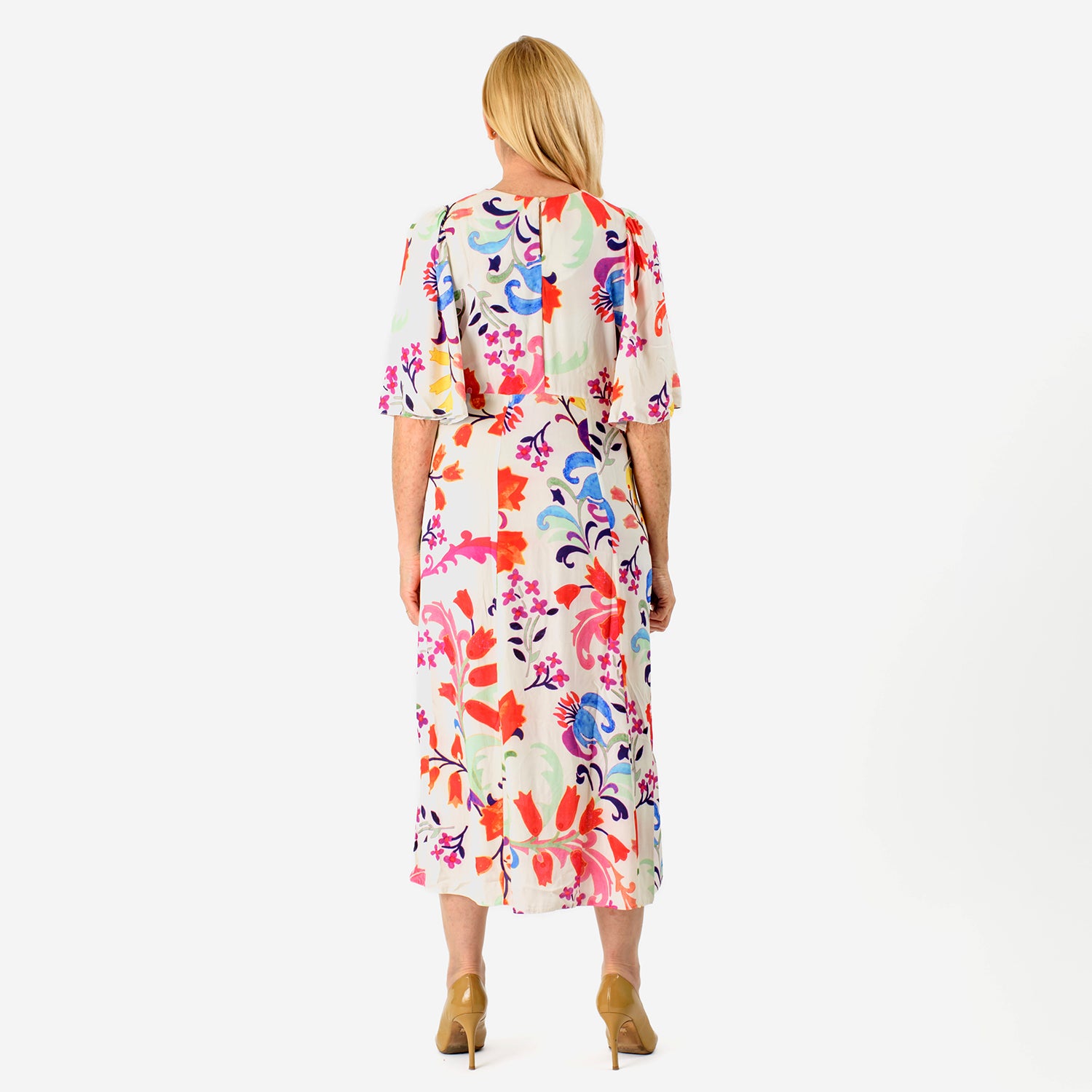 Close Out - Maria Kaneva - Boat Neck Abstract Floral Print Midi Dress (Size 14) - MultiColor V32519467 2