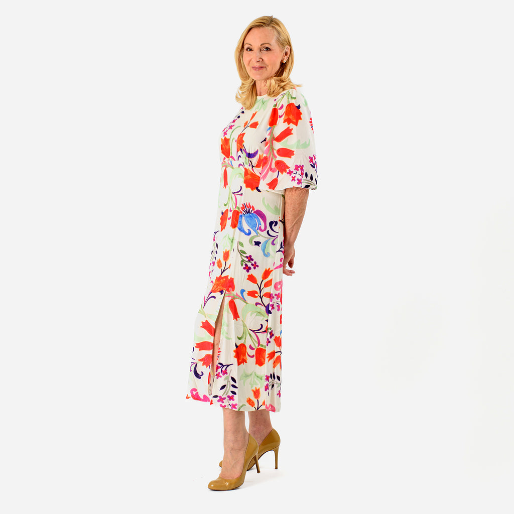 Close Out - Maria Kaneva - Boat Neck Abstract Floral Print Midi Dress (Size 14) - MultiColor_8064756_3