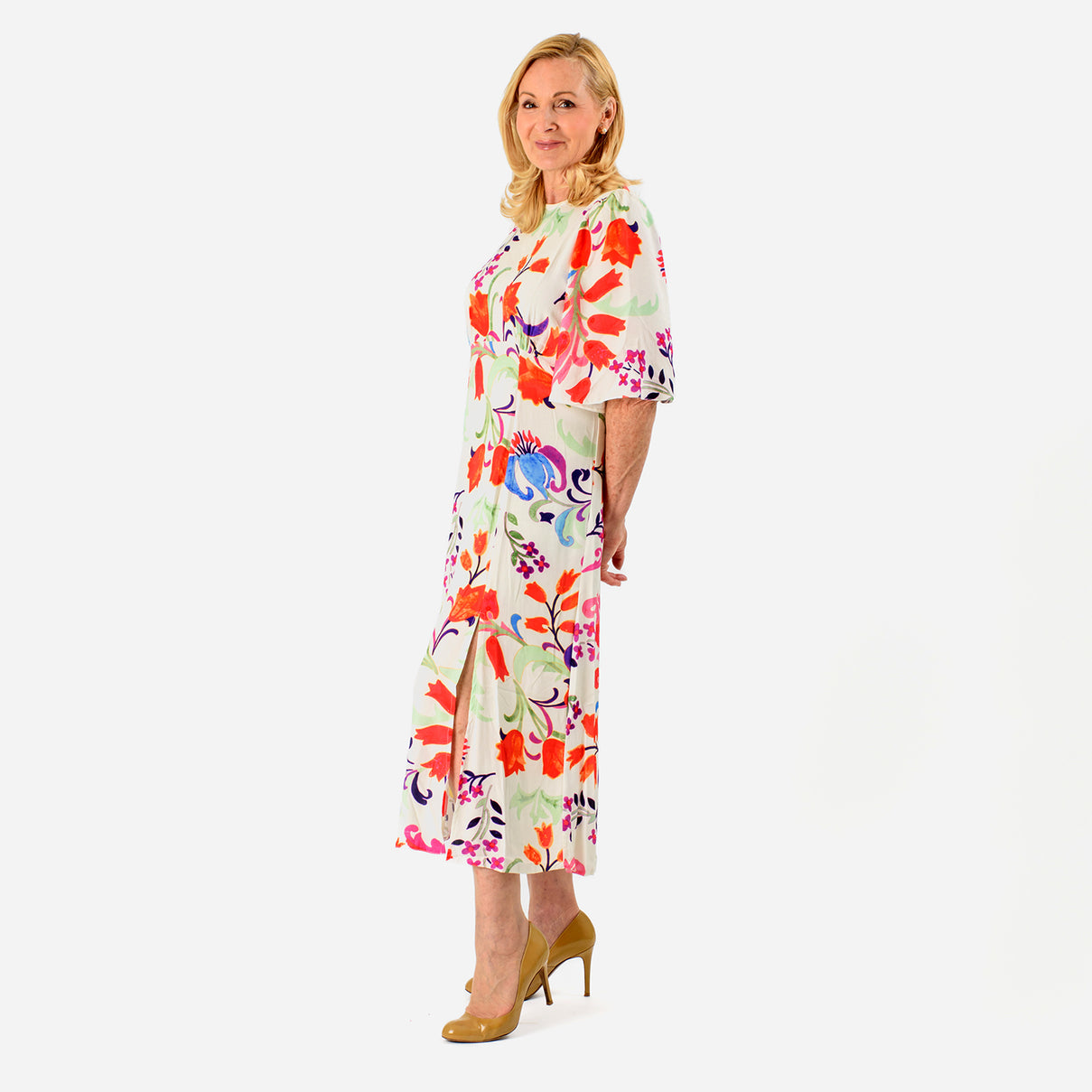Close Out - Maria Kaneva - Boat Neck Abstract Floral Print Midi Dress (Size 14) - MultiColor V32519467 3