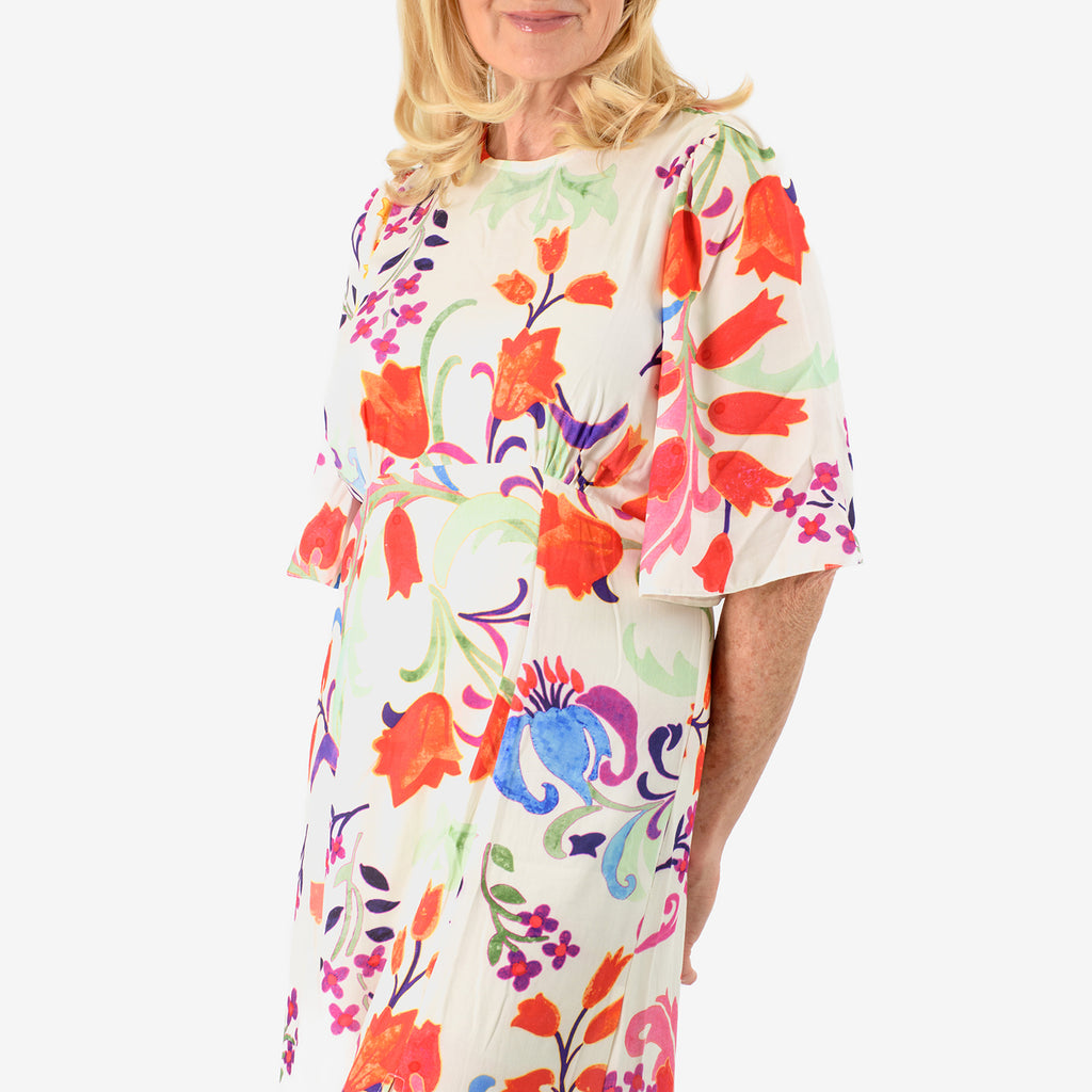 Close Out - Maria Kaneva - Boat Neck Abstract Floral Print Midi Dress (Size 14) - MultiColor_8064756_4