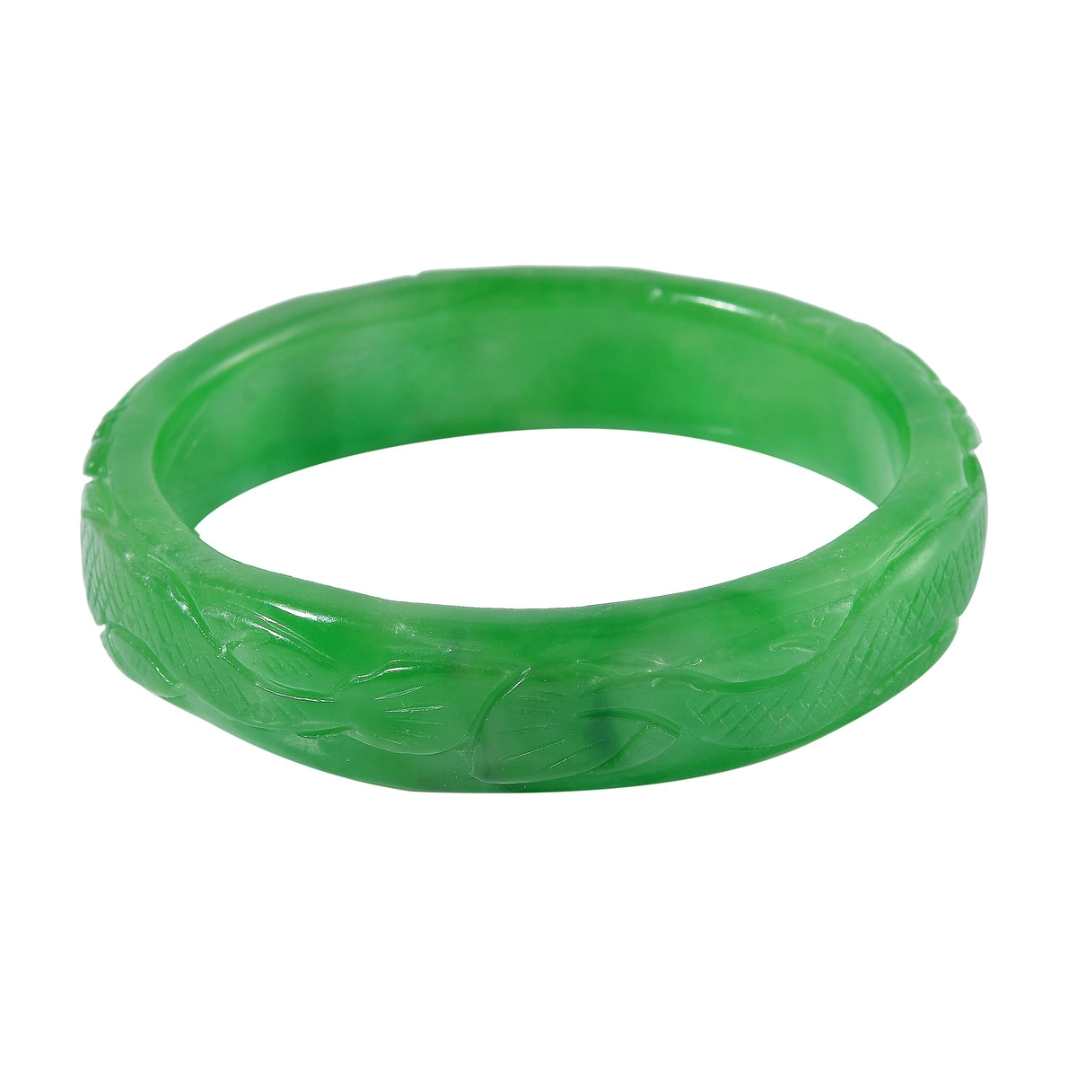 Green Jade Stone Carved Bangle (Size - 7) 290.00 Ct. V32576683 4