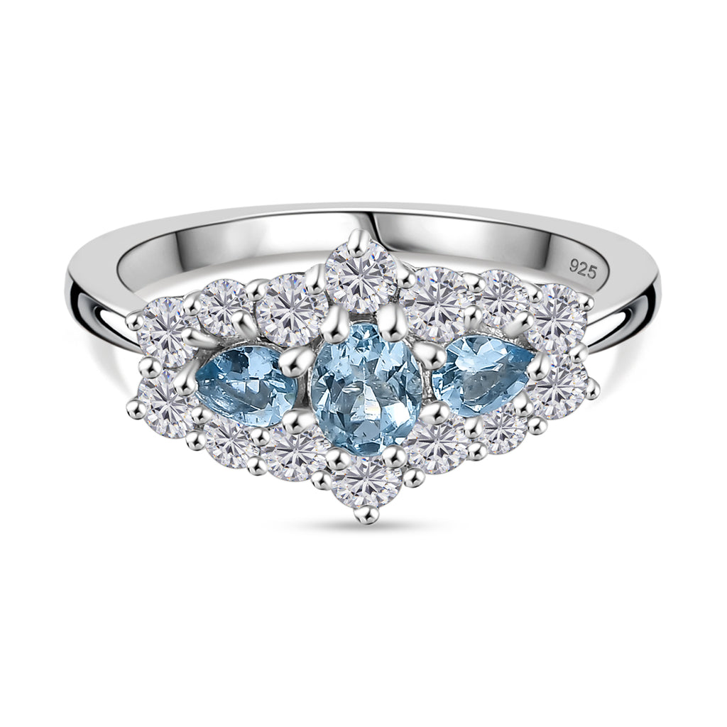 Santamaria Aquamarine & White Zircon Ring in Rhodium Overlay Sterling Silver 1.47 Ct._8065154