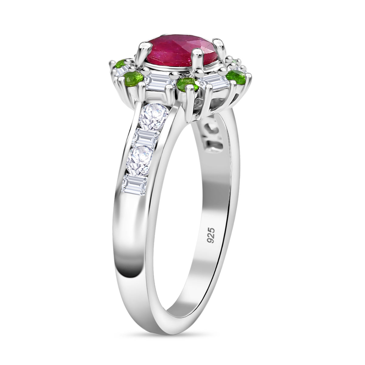 African Ruby, Natural Chrome Diopside &amp; Moissanite Halo Ring in Rhodium Overlay Sterling Silver 2.00 Ct. V32517773 4